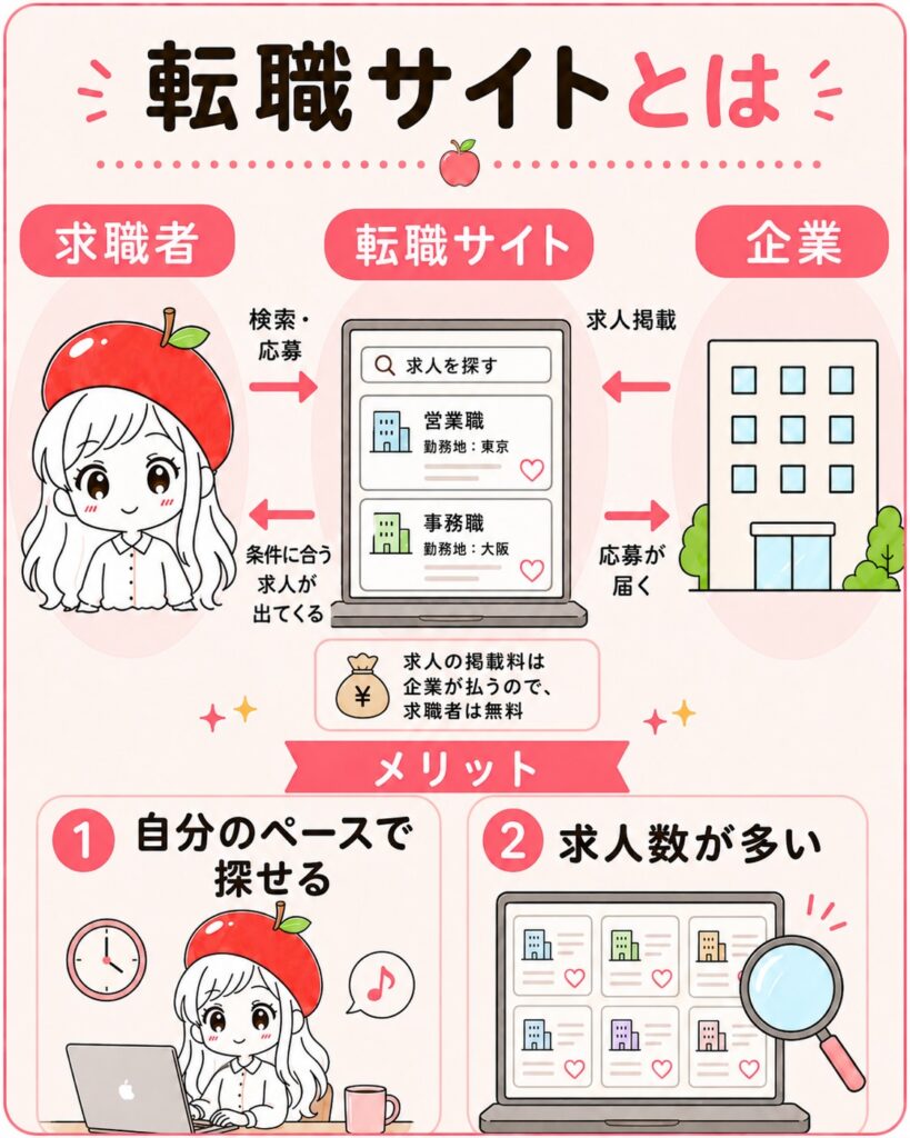 転職サイトの仕組み図。求職者が自分で検索・応募し、条件に合う求人が出てくる。企業が求人を掲載し応募が届く。掲載料は企業が払うので求職者は無料。メリットは自分のペースで探せる・求人数が多いの2つ